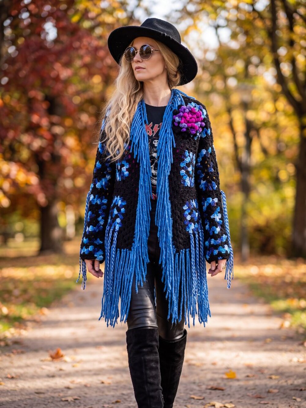 Black Blue Granny Square Fringe Sweater Large